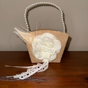 Flower girl basket rustic wedding bridal pearl handle burlap country chic tan
